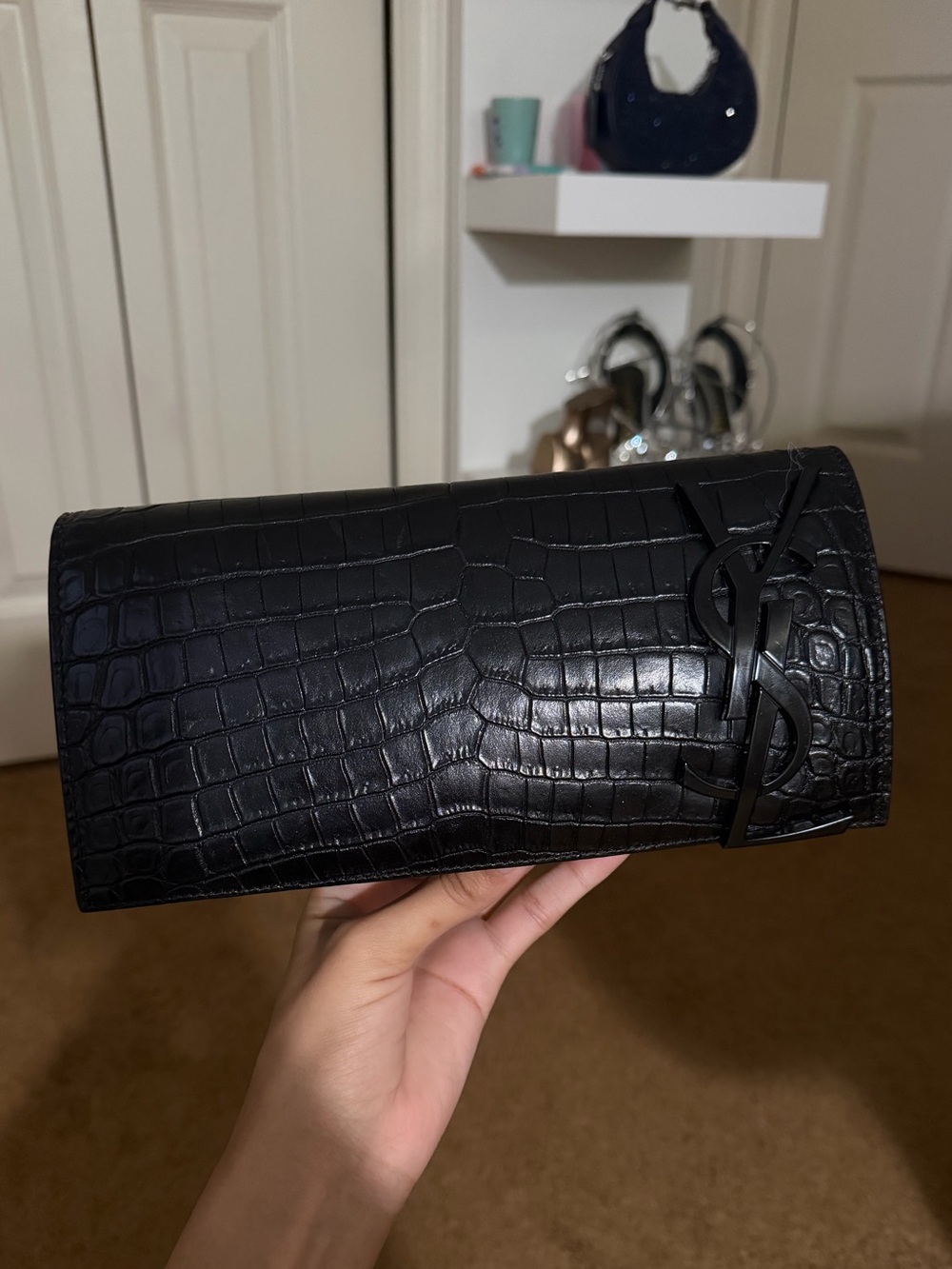 Saint Laurent Black Croc Embossed Leather Monogram Clutch
